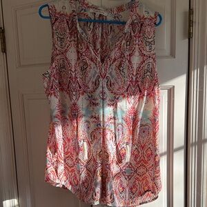 Rose & Olive White Paisley V-Neck Sleeveless Top with Red Accents